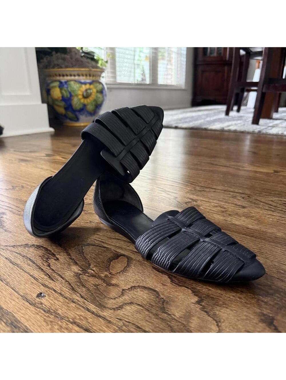 🖤 Vince Neves Lizard Embossed D’Orsay Flats Women’s Size 8 Black Woven